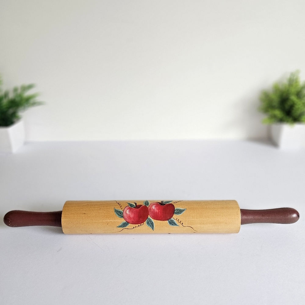 Vintage Decorative Wooden Rolling Pin with Red Apple Rustic Farmhouse Design